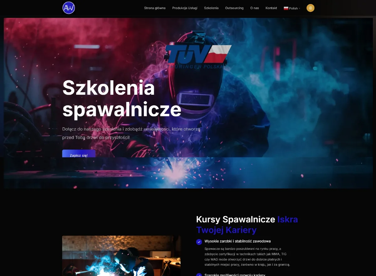 Alterweld: strona szkoleń spawalniczych ze zdjęciem spawacza i prezentacją kursów